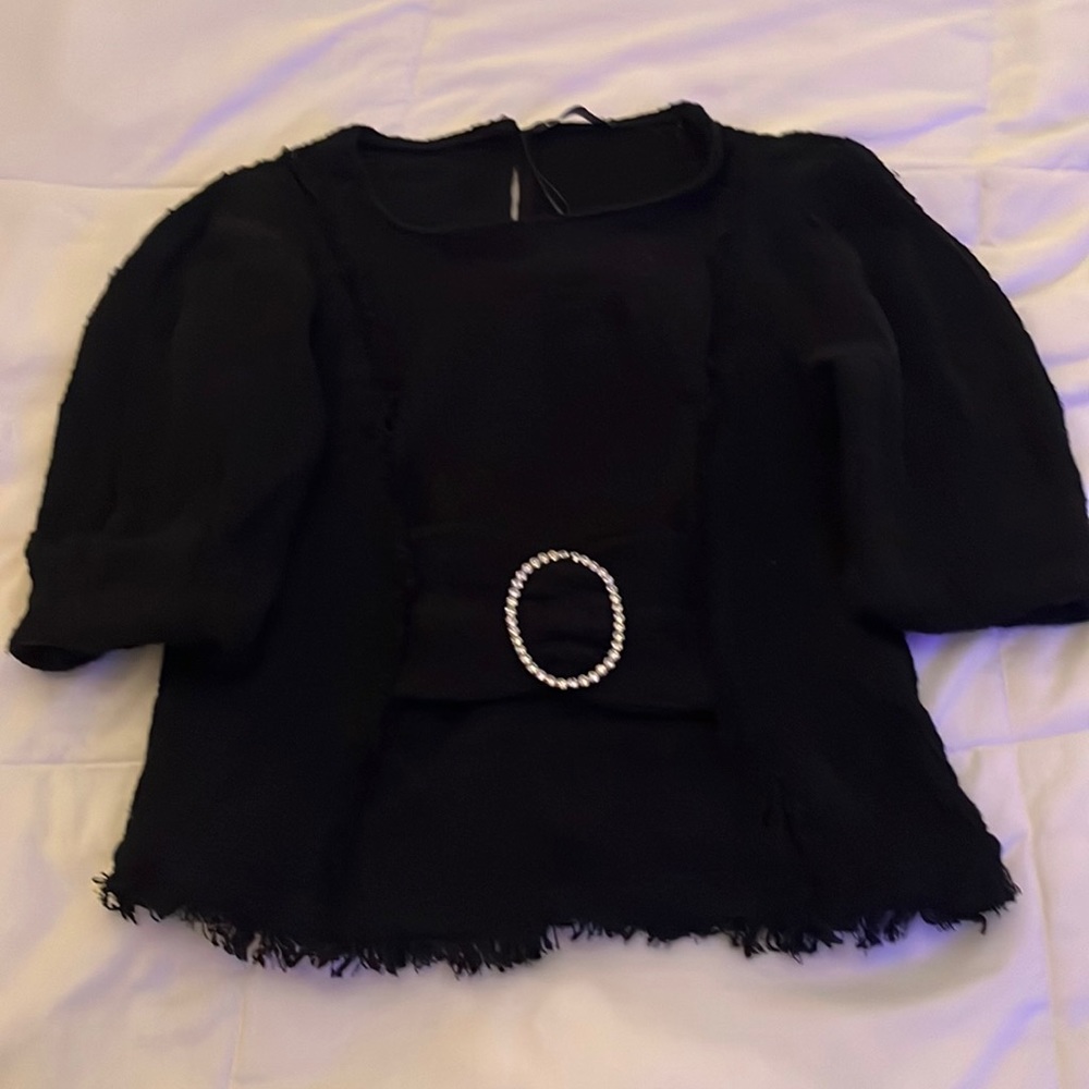 NWT Zara Black Tweed Diamond Buckle Blouse Top in XS
